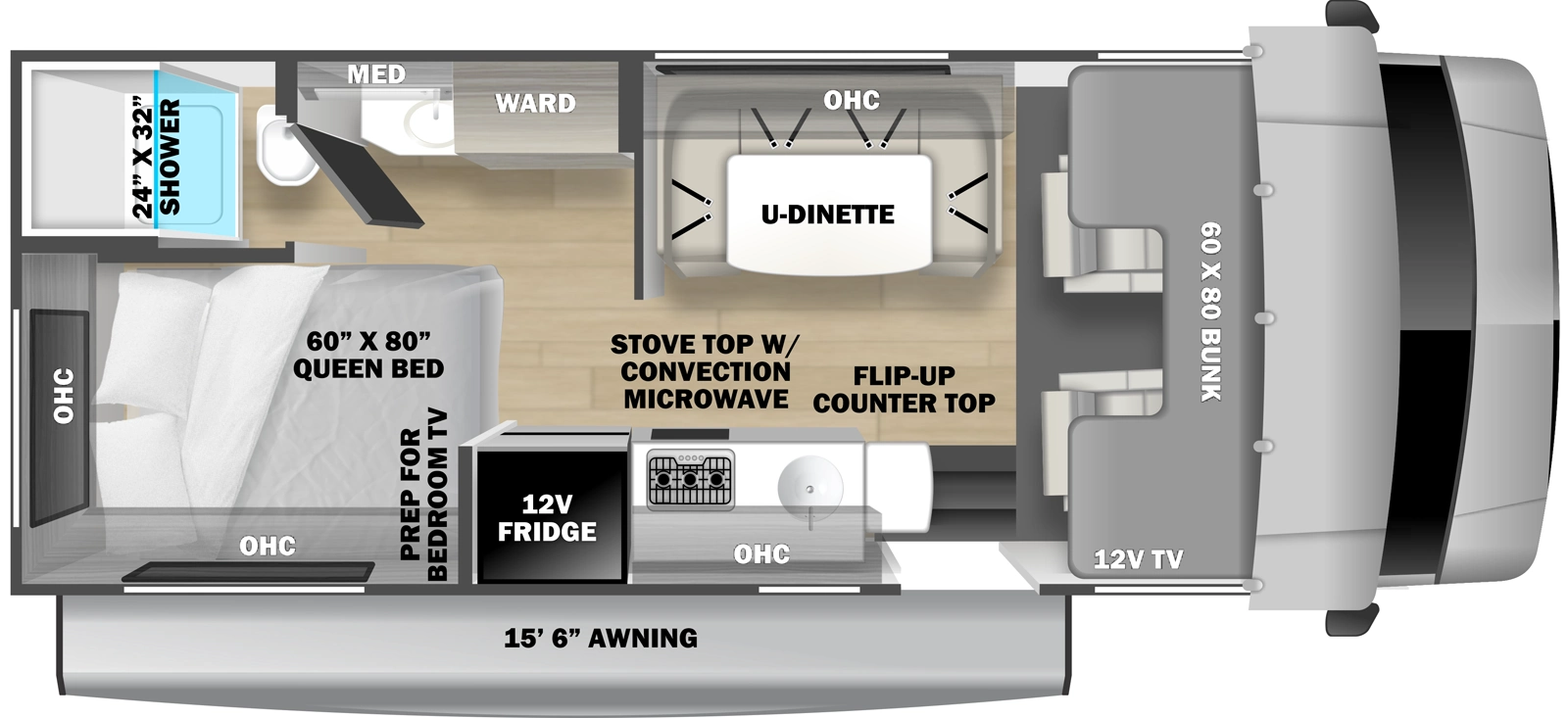 The Solera 22N floorplan has one entry and zero slide outs. Exterior features include: 15' 6" awning. Interiors features include: bunk over cab, u-dinette and dinette.
